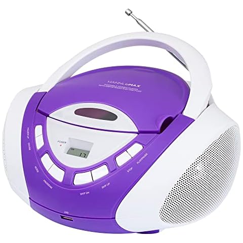 HANNLOMAX HX-320CD CD/MP3 Boombox, AM/FM Radio, USB Port for MP3 Playback, Aux-in, LCD Display, AC/DC Dual Power Source. (Purple/White) Cover