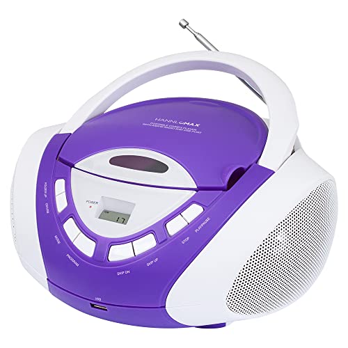 HANNLOMAX HX-320CD CD/MP3 Boombox, AM/FM Radio, USB Port for MP3 Playback, Aux-in, LCD Display, AC/DC Dual Power Source. (Purple/White)