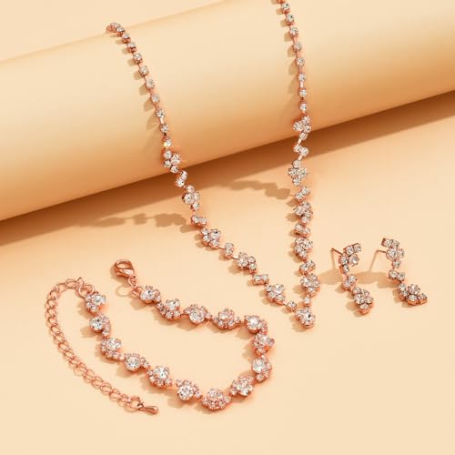 Cicod WU Prom Earrings Necklace Bracelet Set Elegant Crystal Necklace Earrings Bracelet Bridal Wedding Rose Gold Prom Costume Jewelry Sets thumb #4