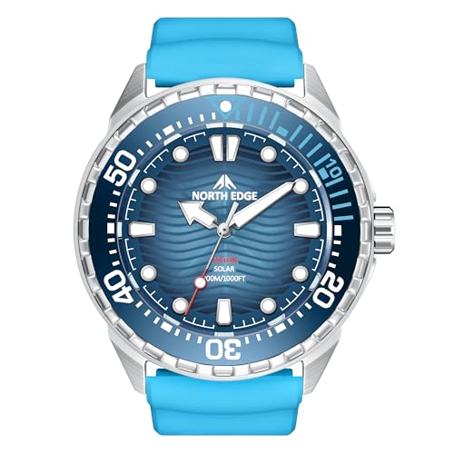 NORTH EDGE Solar Powered Dive Watch Women Men’s Watch, 1000FT/300M Water Resistance, Luminous Dial, Silicone Strap Blue 46mm