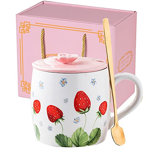 Strawberry Ceramic Mug with Lid and Spoon