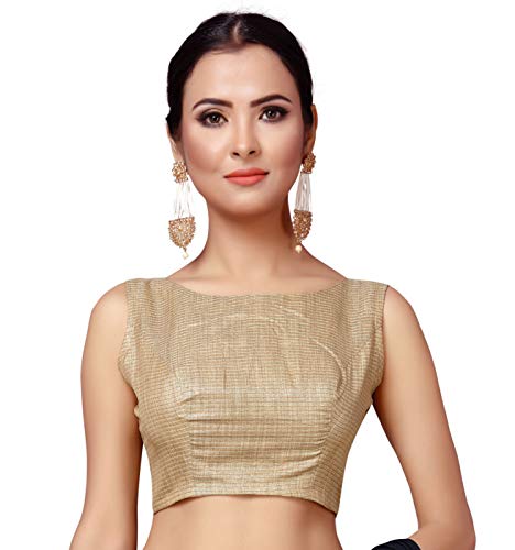 Studio Shringaar Women's Gold Brocade Sleeveless Readymade Saree Blouse (Gold, 34)