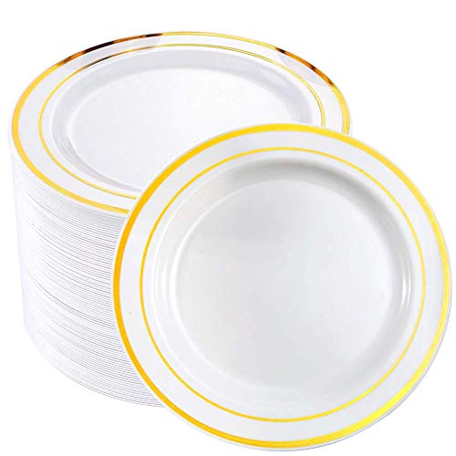 20 PCS 7.5 pouces 19 CM assiettes en plastique à bord doré - 7.5 pouces assiettes à salade/dessert réutilisables pour le festival des fêtes de mariage Cover