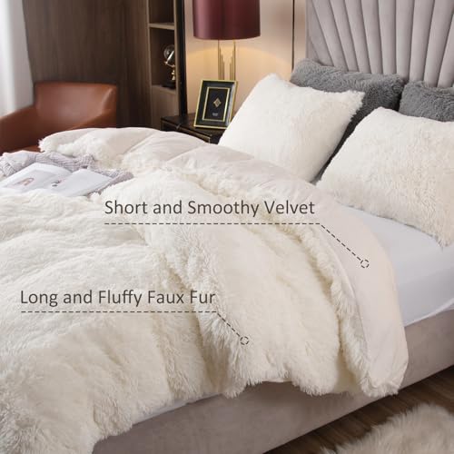Image of EMME Plush Shaggy White Duvet Cover Set Twin Size Fluffy Fuzzy Comforter Cover Set 2 Piece Luxury Bedding Duvet Covers (White, Twin)