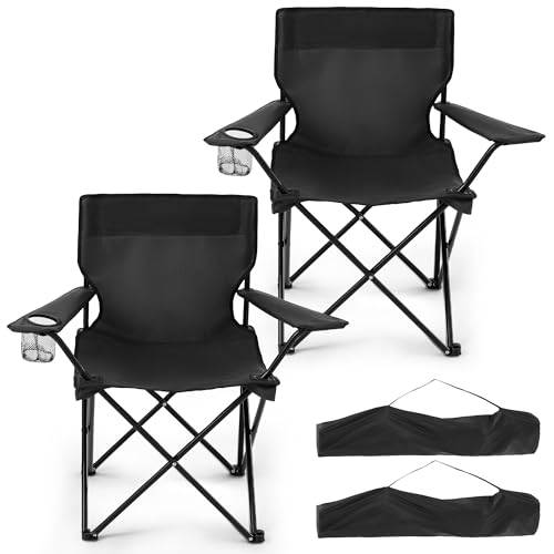 2 Pack Folding Camping Chairs for Adults,Foldable Portable Beach Chairs with Carry Bag & Cup Holder, Compact Design for Camping,Beach, Picnics,and Fishing Supports 300LBS (Black)