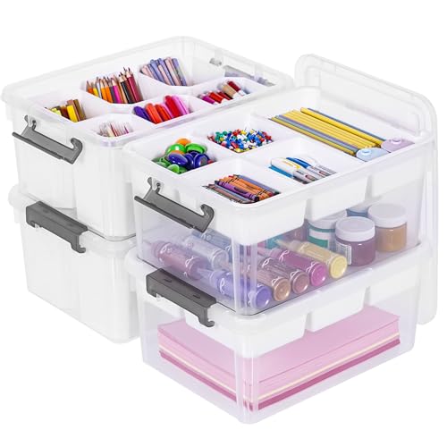 Image of Citylife 17QT 4Packs Clear Craft Organizers and Storage Bins with Lids | Stackable Art Supply Organizer with Tray and 6 Inserts for Markers, Crayons, Pencils, Tools, Playdoh, Coloring Books
