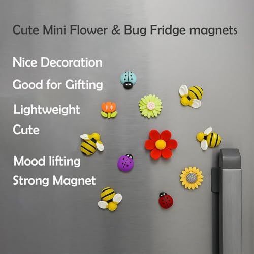 Image of Store2508 Set of 10 Cute Flower & Bug Fridge Magnets for Home Kitchen Decor | Strong Decorative Magnets for Whiteboard Refrigerator Memo Photos | Lightweight Sunflower Daisy Bee Ladybug Magnet Set