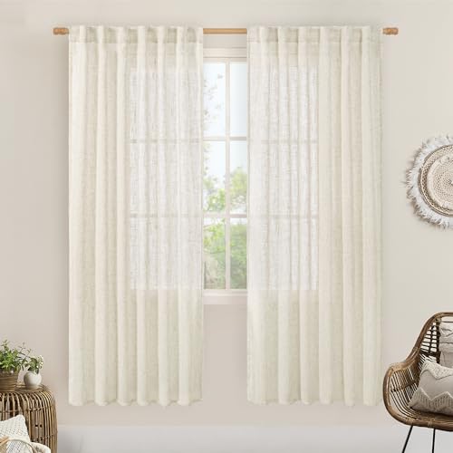 LAMIT Natural Linen Semi Sheer Curtains 78 Inch for Bedroom, Light Filtering Neutral Window Curtains Farmhouse Boho Back Tab and Rod Pocket Panels, Natural Cream Ivory, 2 Panels, 52 x 78 Inch