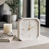 Octagon Marble Table Clock for Living Room and Office Decor - Small Decorative Desk Clock for Mantel, Shelf, Console, and Table - Home Time Display for Tabletop or Workspace - 8', Ivory & Gold