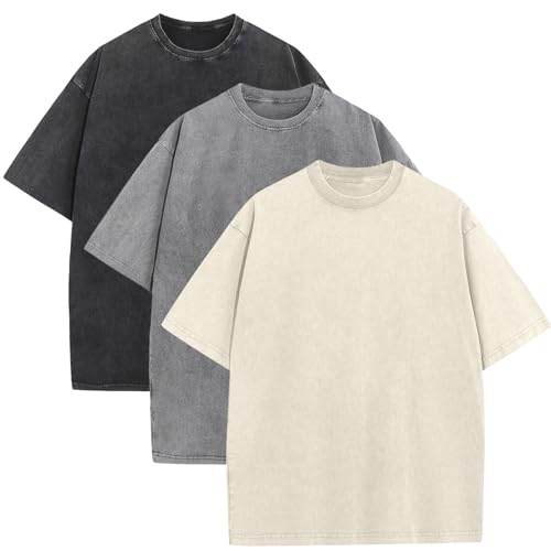 3 Pack Mens Oversized Cotton T-Shirts Loose Fit Vintage Tee Short Sleeve Casual Tshirts Solid Tops(BKGYBG L)