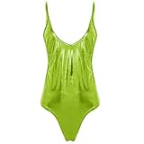 iEFiEL Damen Metallic Einteilige Badeanzug Bauchweg Puch Up Bikini Lack Leder Body Figurformend Schwimmanzug Bademode Strandmode Fluoreszierend Grün One Size