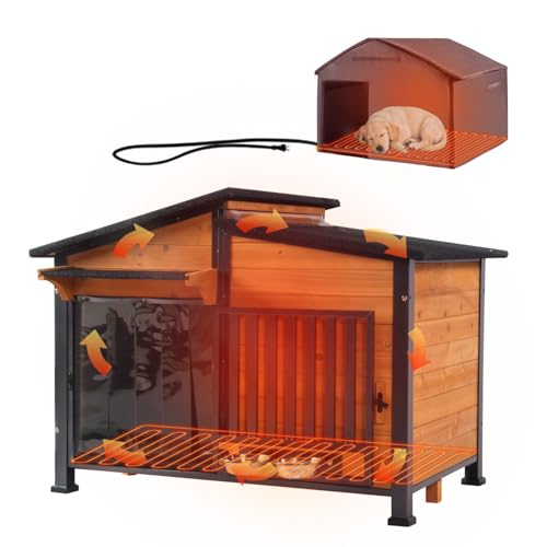 Heated Dog House Outdoor with Bowls Weatherproof Dog Kennel with Heating Pad Anti-Chewing Iron Frame Dog Shelter for Small Medium Dogs(Wooden Brown)