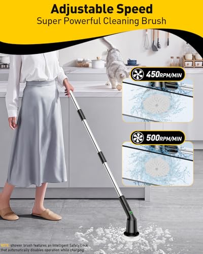 Image of Electric Spin Scrubber, Shower Scrubber with Long Handle, Cordless Bathroom Cleaning Brush IPX7 Waterproof & 2 Speed, 3 Brush Heads, Bathroom Cleaner Brush for Shower Tub Kitchen Car Floor Tile, Black
