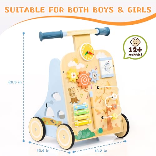 Image of Wooden Baby Walker, Baby Push Walker for 12+ Months, Baby Walker with Activity Center, Push and Pull Walkers for Boys Girls