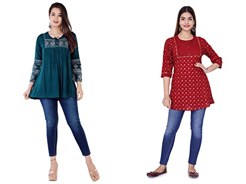 Image of Shiva Fab Short Kurti for Women | Embroidered Straight Rayon Kurta | Round Neck Full Sleeves Short Kurti for Women's Combo Pack of 2
