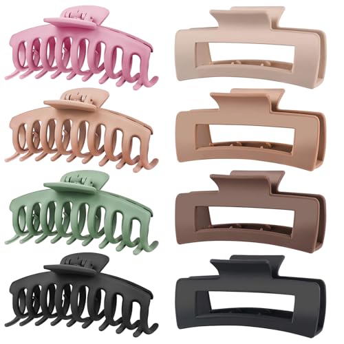 TOCESS 8 Pack Big Hair Claw Clips for Women Large Claw Clip for Thin Thick Curly Hair 90's Strong Hold 4.33 Inch Nonslip Matte Jumbo Hair Clips (8 Pcs)