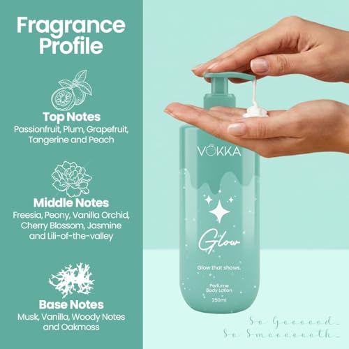 Image of VOKKA Glow Perfume Body Lotion 250ml | Bright Fruity Floral Fragrance | Passionfruit Peach Blossom Jasmine Notes | Aloe Vera Shea Butter & Cocoa Butter Moisturizing Lotion | BodyLotion for Men & Women