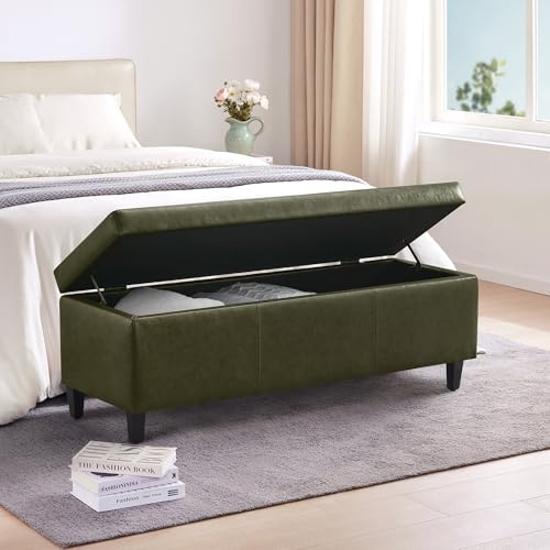 Image of Storage Ottoman Bench 50.3 inch Faux Leather Upholstered End of Bed Bench,Green