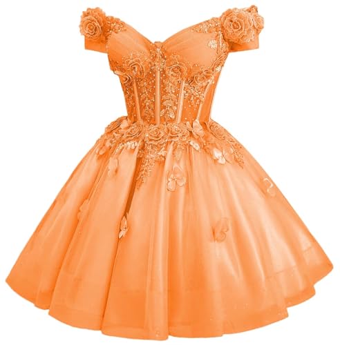Image of Zhangyo Sparkly Tulle Homecoming Dresses for Teens Off Shoulder DAMA Dress | Sparkly Tulle Homecoming Dresses, for Teens, Off Shoulder DAMA Dresses for Quinceanera, 3D Butterfly Short Ball Gown