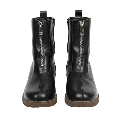 Ankle Boots for Women 2025 Round Toe Leather Chelsea Short Combat Boots Front Zip Slip On Vintage Retro Cowboy Boot Black