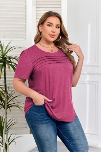 Womens Plus Size Tops Puff Sleeve Summer Shirt Pleated Front Dressy Tee Casual Crewneck Tunic Tops 1XL - 5XL4