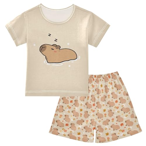 Mnsruu Night Cute Capybara Schlafanzug-Set für Kinder kurzärmelig Baumwolle Nachtwäsche für Jungen und Mädchen mehrfarbig 12 Jahre