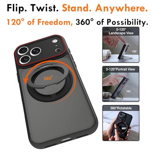 Image of RIGGEAR Shockproof Tough Hybrid Armor 360 Rotating Magnetic Ring Stand Back Cover Case Compatible with MagSafe Accessories for iPhone 17 Pro (Smoke Black Matte PC and Black TPU Bumper)
