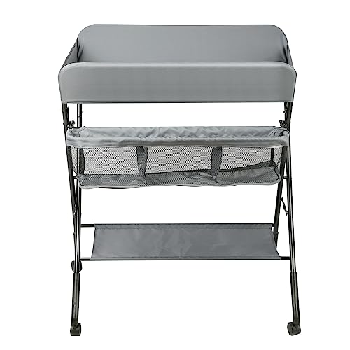 MUL-BOUTIQUE Baby Foldable Changing Table with Wheels, Adjustable Height Mobile Nursery Organizer with Safety Belt & Large Storage Racks, Grey