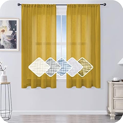 MRTREES Voile Curtains 54 Drop 2 Panels Ginger Linen Textured Curtain Rod Pocket Semi Transparent Window Treatments Short Curtains for Bedroom Living room Patio Door 140x137cm Cover