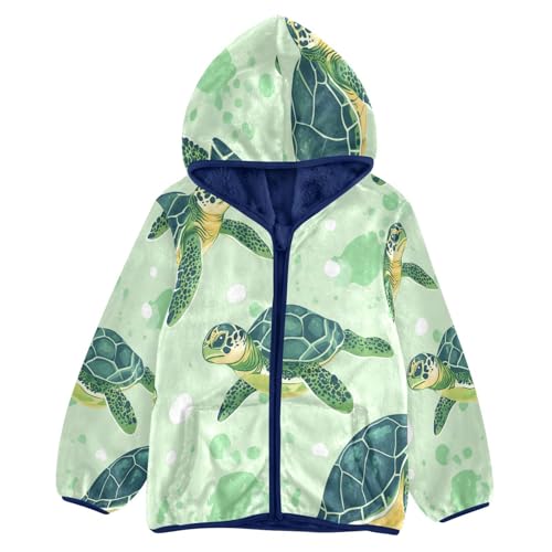 Cute Sea Green Turtle Pattern Toddler Fleece Jacket Girl Boys Hooded Fleece Jacket Coat Warm Outwear Zip-up 3-10T