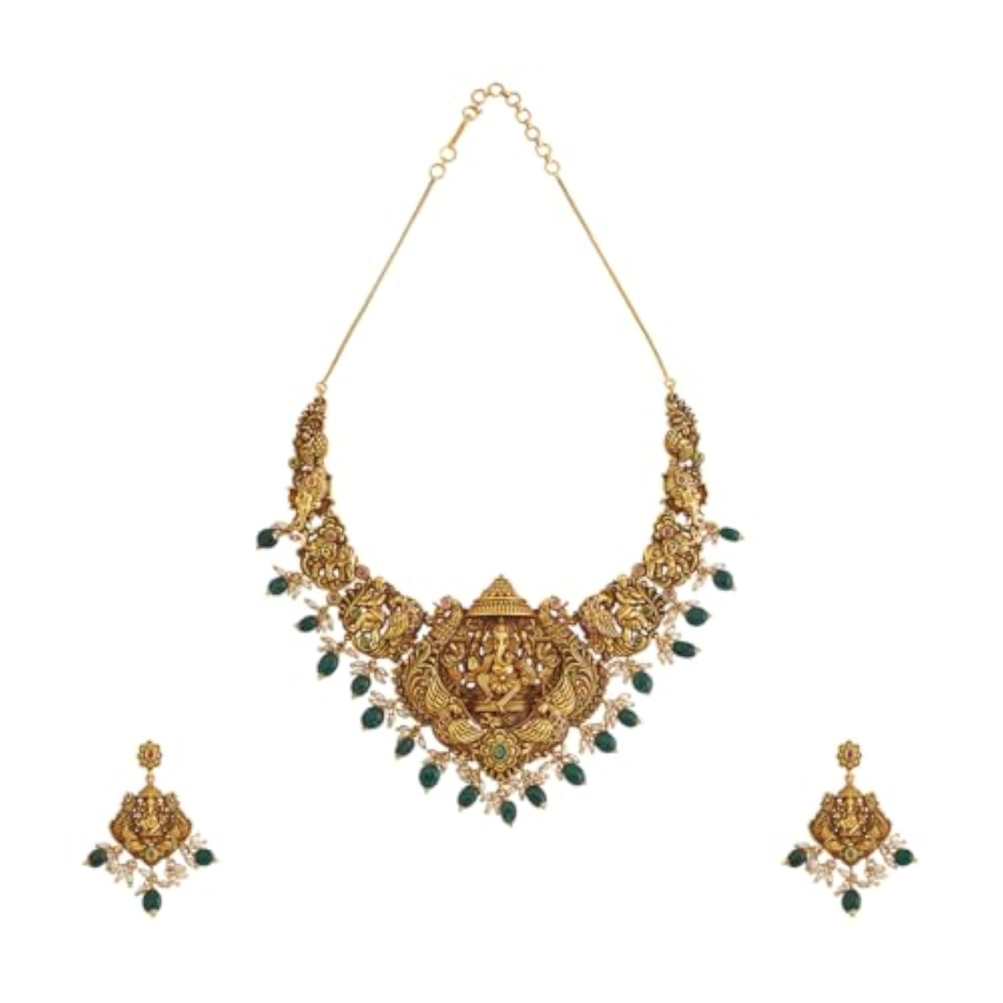 KUSHAL'S Ruby-Green Gold Polished Antique Necklace Set