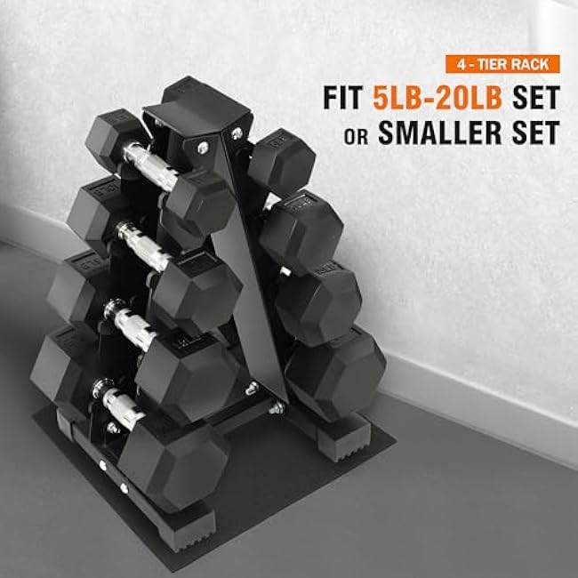 Rubber Encased Hex Dumbbell Set with Rack, 5-20LB or 5-25LB Hand Weights with Anti-Slip Grip for Exercise & Fitness, Dumbbell Weights Set for Home Gym, 100LB or 150LB Set Options
