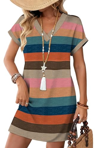 Cuptacc Robe Ete Femme Col en V Robe Ete Femme Mi Longue Fluide Elegant avec Poches Robe Grande Taille Rayures Bloc Couleur, Grand L 42-44