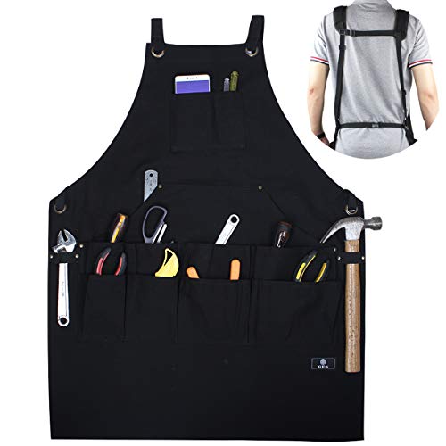 Work Apron With Tool Pockets, Upgraded Heavy Duty Canvas Tool Apron Workshop Apron With Quick Release Buckle Adjustable M To XXL (Black)