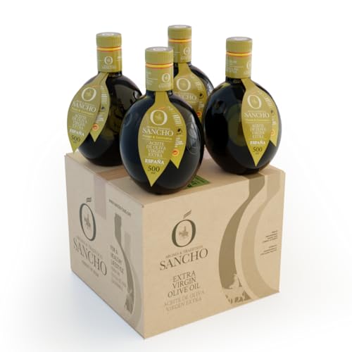 Aceite de Oliva Virgen Extra Sancho | Caja de 4 Botellas de Cristal (500 ml x 4 ud) Variedad Picual & Cornicabra | Calidad nutricional excepcional