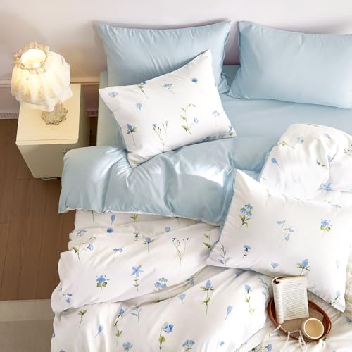 Image of Wake In Cloud - Floral Comforter Set, Cottagecore Cute Aesthetic Watercolor Tiny Flowers and Leaves, Soft Lightweight Bedding for Women Teen Girls, 3 Pieces, Blue, Full Size