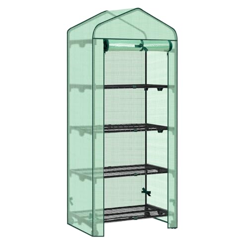 WOLTU Serra da Giardino, con Ruote, Serra da Balcone, 70x50x162cm, Copertura in PE 140g/m², Porta a Zip Avvolgibile, Serra per Svernamento con 3/4 Ripiani, per Interni ed Esterni, Verde