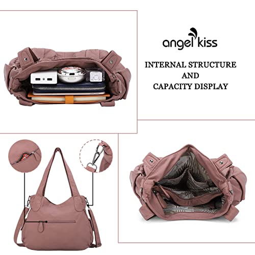 Image of Angel Kiss Women's Designer Handbag Large Double Zipper Multi Pocket Washed Leather Purse