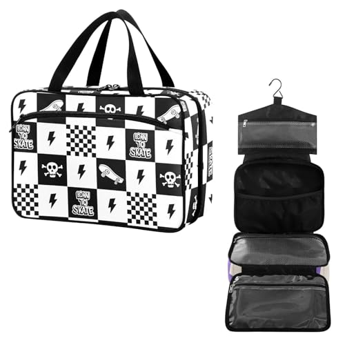 YNNALE Travel Toiletry Bag for Woman/Men,Black and White Checkered Skateboard Quoted Skull Lightning Hanging Organizer BagPortable Folding Travel Case Bags for Makeup Cosmetic Toiletries Storag-L