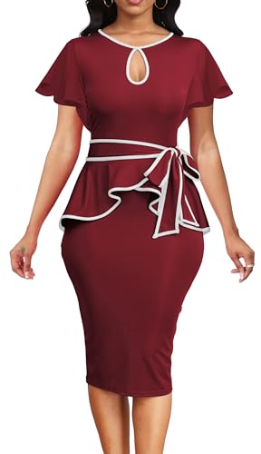 Image of Women's Vintage Bodycon Church Ruffle Sleeve Ruched Dresses Work Midi Pencil Dress
