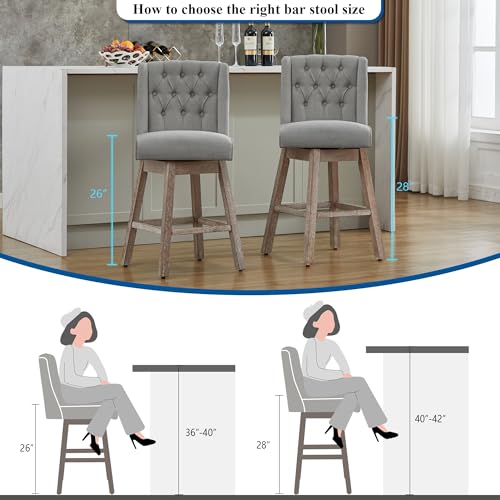 Image of Counter Height Bar Stools Set of 3, 360Swivel Bar Stools with Back and Wood Legs, 28 inch Morden Linen Fabric Upholstered Barstools for Kitchen Island Dining Room Bar