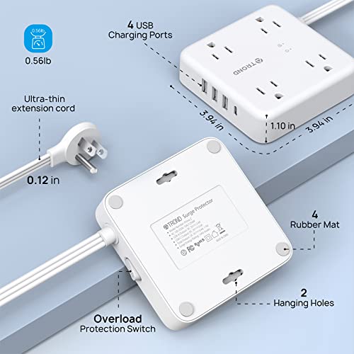 Surge Protector Power Strip, Trond 5Ft Flat Extension Cord Ultra Thin Flat Plug Charging Station With 4 Widely Space Outlets 4 Usb Ports(1 Usb C Charger), 1440 Joules, Compact & Portable For Travel #TOP6