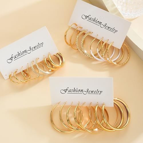Image of 12 Pairs Gold Hoop Earrings Set for Women, Lightweight Hoop Jewelry