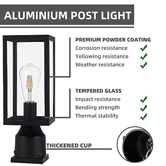 Outdoor Post Light,Waterproof Cast Aluminium Lamp Post Light Fixture,Post Lantern with Pier Mount Base,Matte Black,13.8'',Suitable for Garden,Yard or Driveway,etc