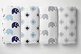 Bacati Elephants Set of 4 Muslin Swaddling Blankets, Blue/Grey
