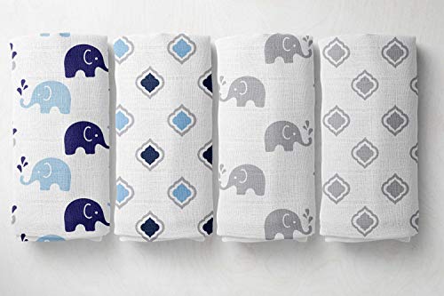 Bacati - 4 Pack Elephant Baby Swaddle Blanket Boys Swaddle Wrap Soft Breathable Cotton Muslin Swaddle Blankets Receiving Blanket for Boys, Large 45 x 45 inches (Elephants Blue/Grey)
