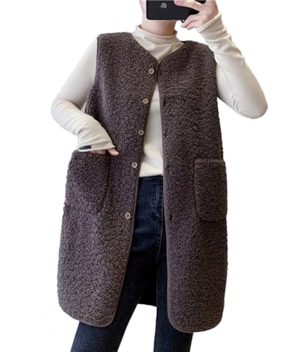 TAOSGARA ボアベスト ジレ レディース フリースジャケット ショート丈 アウター もこもこ ふわふわ ポケット付き 無地 普段着 お洒落 秋 冬 (JP, アルファベット, M, ブラウン)