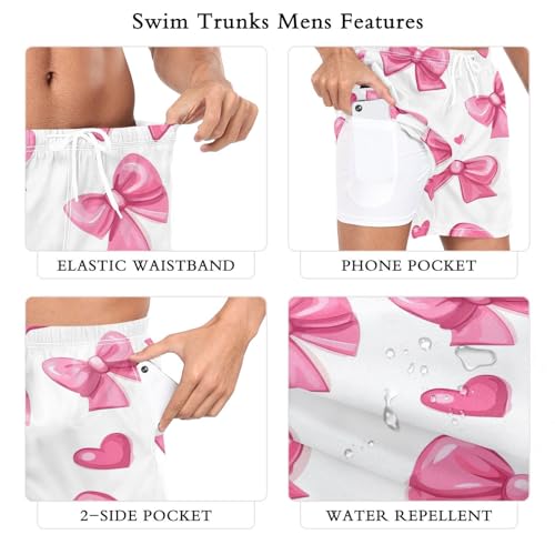 2 in 1 Mens Bow Pink Swim Trunks 4.7 Inch Swim Shorts Swim Suits Board Shorts（703）4