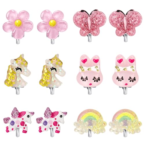 6Pairs Unicorn Flower Clip On Earrings for Little Girls, Toddler Butterfly Clip On Jewelry Rainbow Earrings Kids Dress Up Jewelry