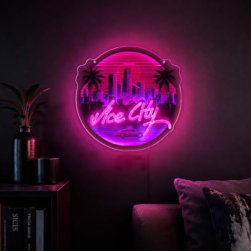 Image of Pink Vice City Neon Sign - Dimmable Led Neon Sign for Bedroom 13.78 x 13.39 Inch,USB Powered for Gaming Room Bar Party Indoor Girl Pub Man Cave Kids Room Decoration Birthday Party Gifts